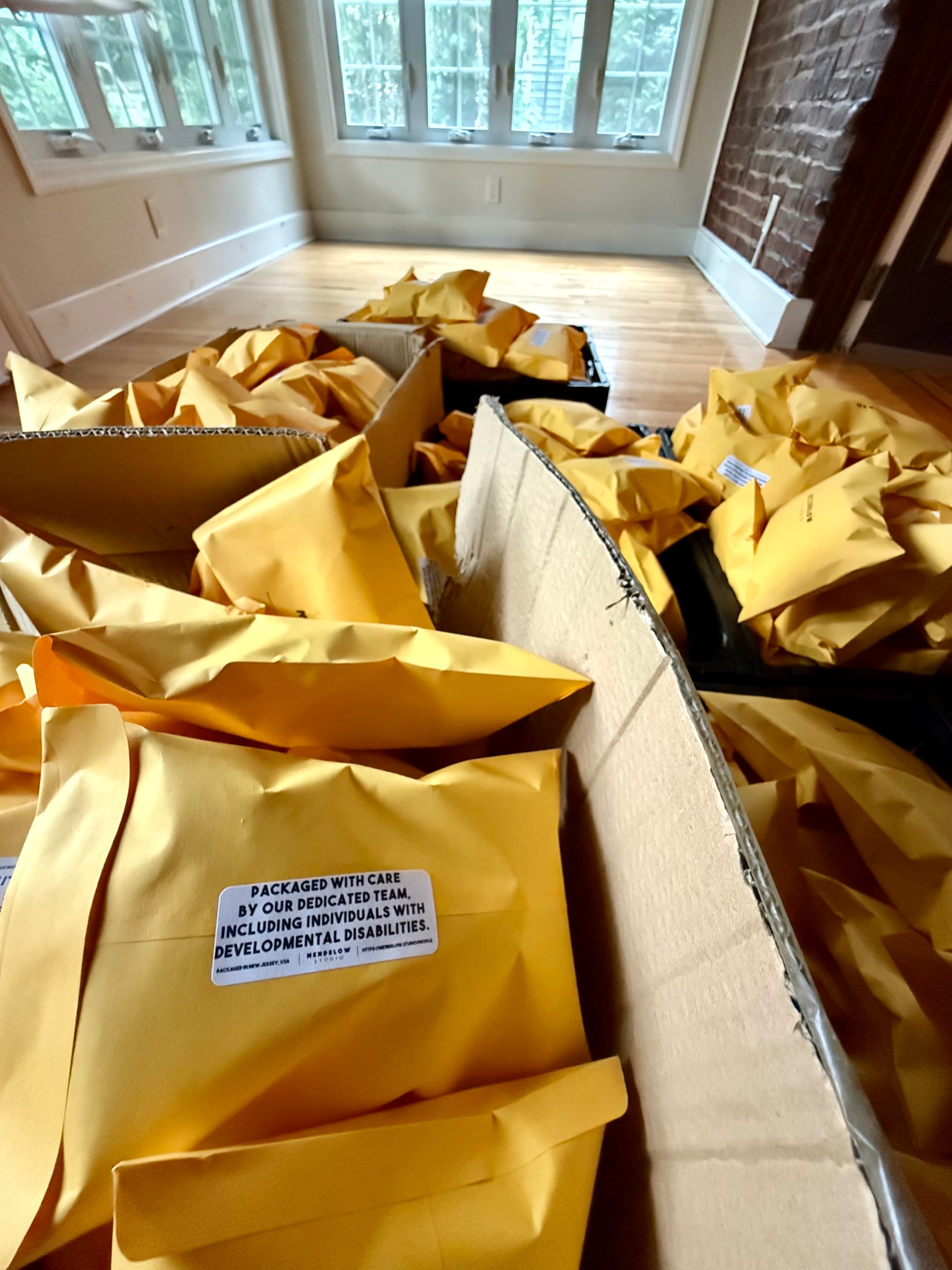 Yellow mailer packages labeled 'Packaged with care by our dedicated team, including individuals with developmental disabilities'