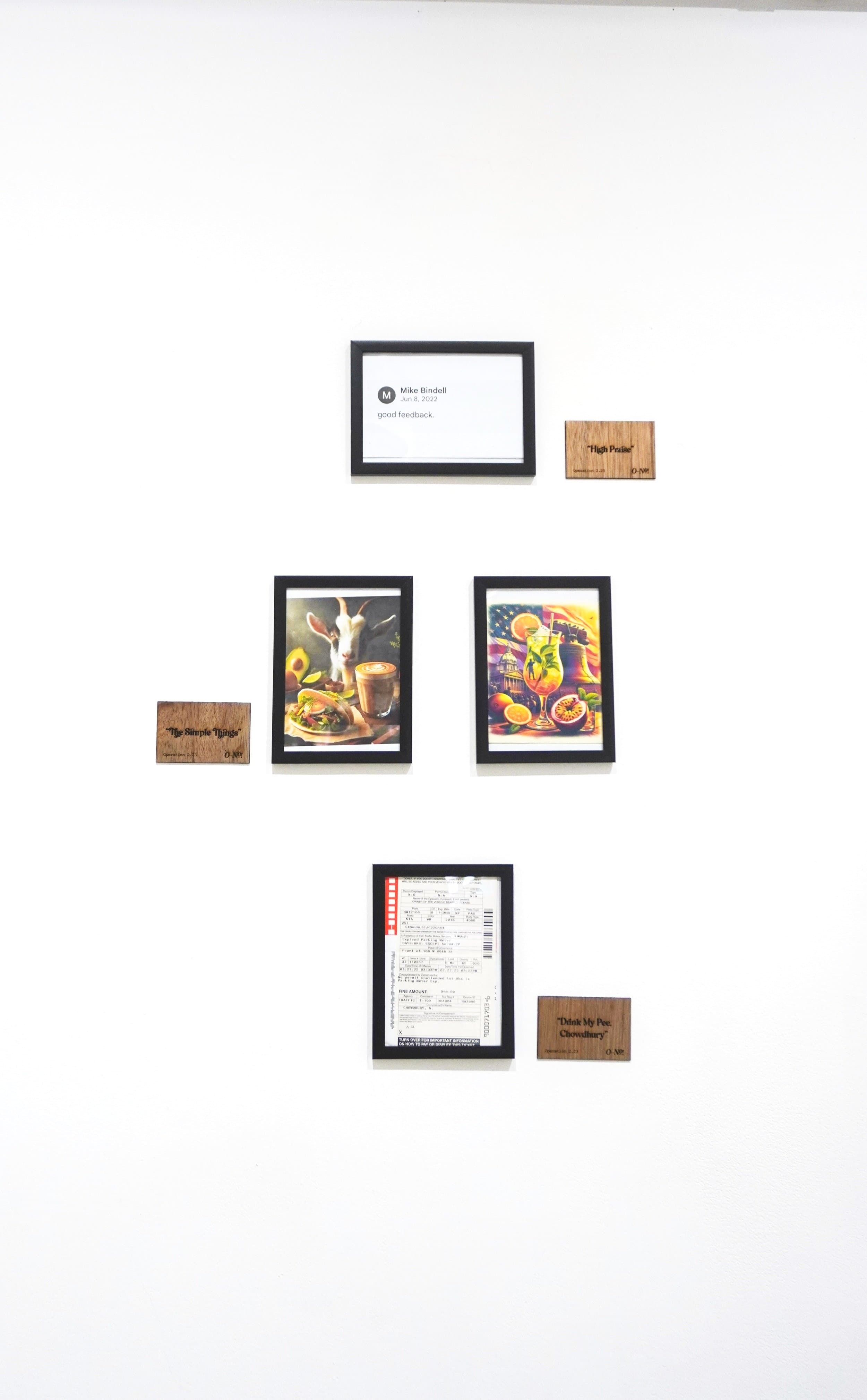 “High Praise”, “The Simple Things”, “Drink My Pee, Chowdhury” - screenshot, AI images, a parking ticket