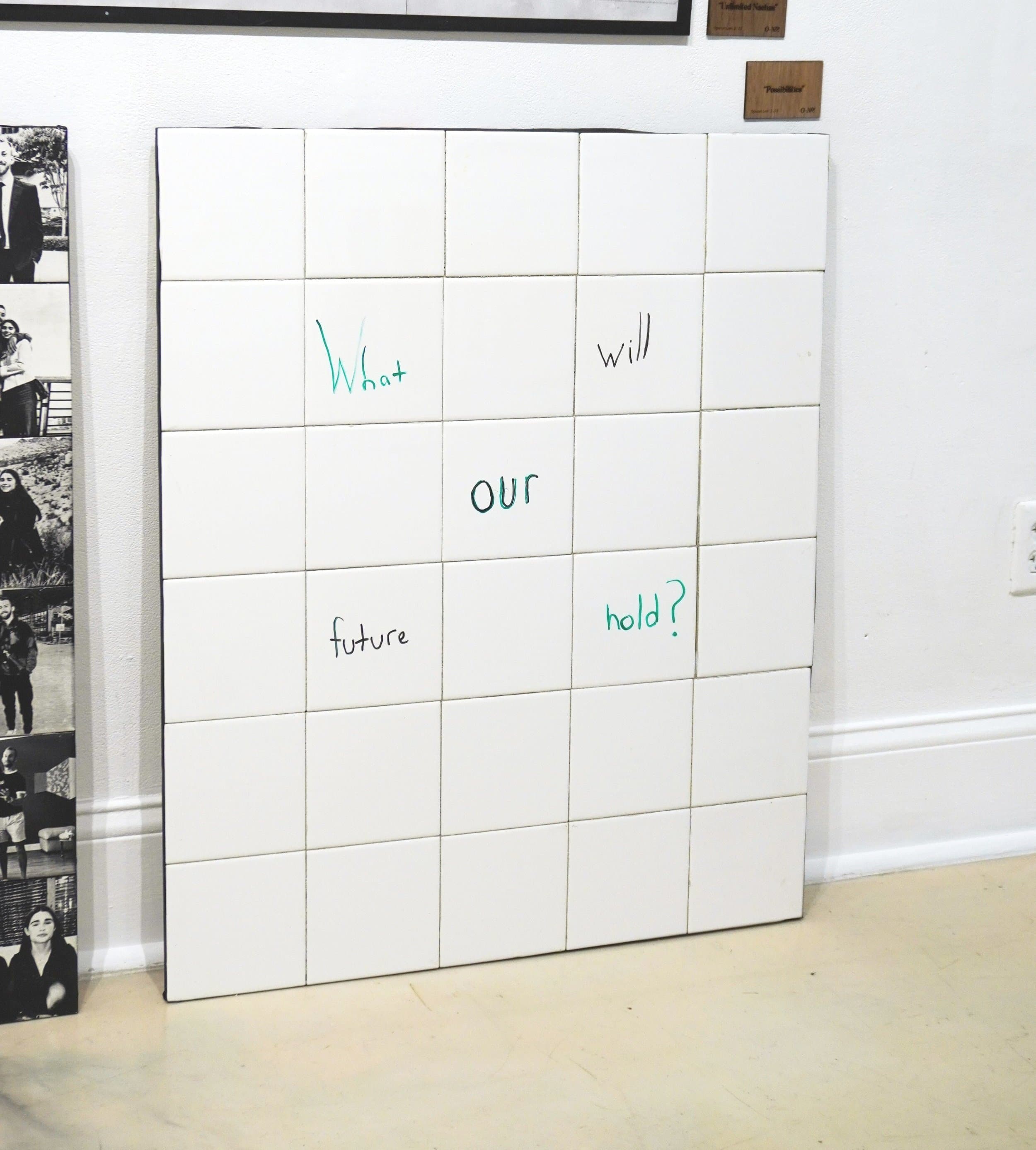 “Possibilities” - blank 6" x 6" white ceramic tiles on a hand-built wooden frame