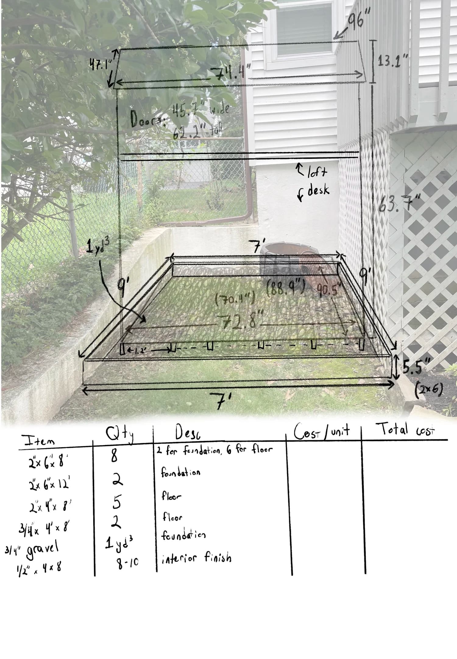 The beginnings of a schematic sketch for a backyard workshed
