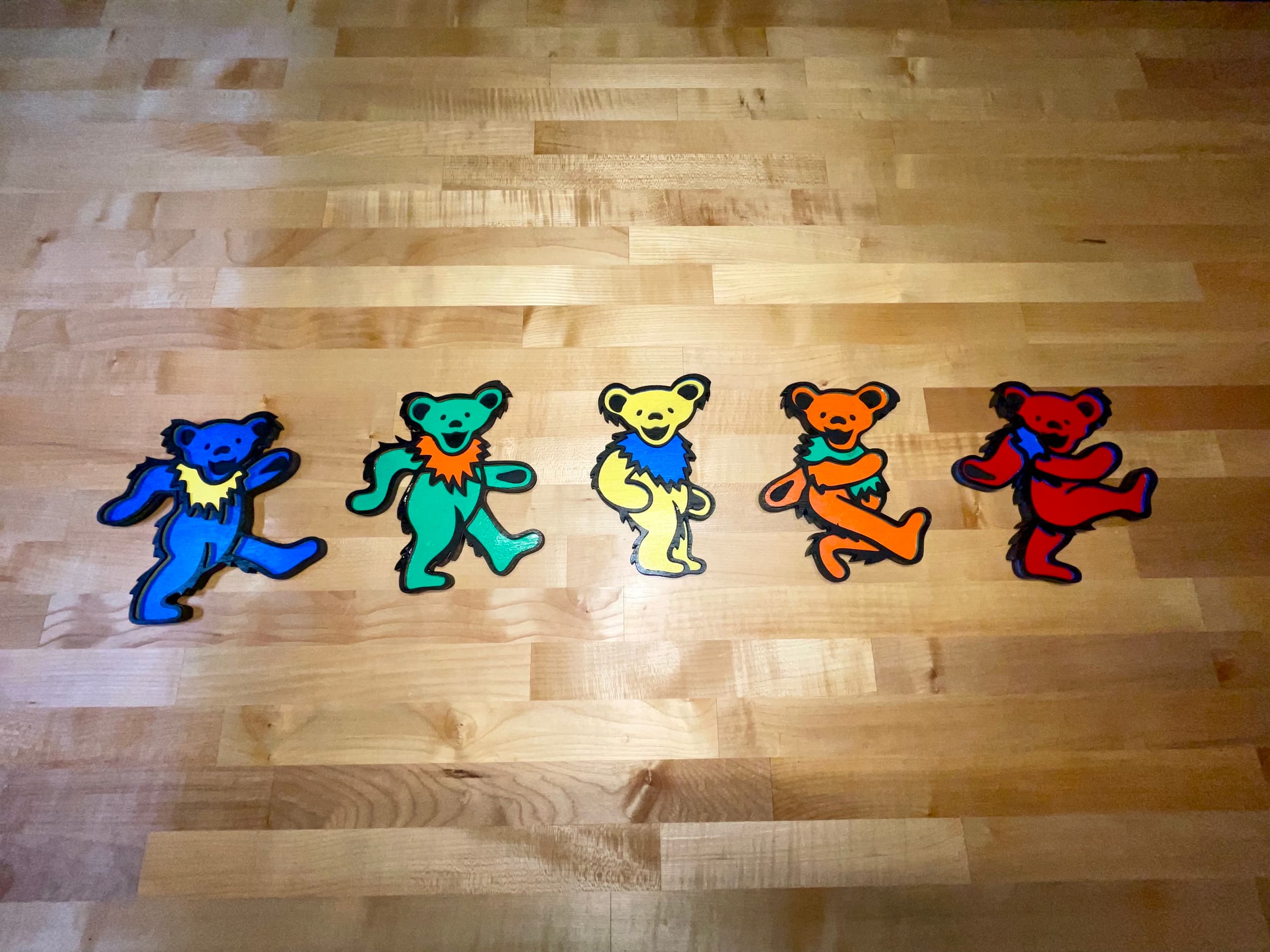 Grateful Dead bears, requested by a friend for his newborn son. Each bear is about 8" tall.